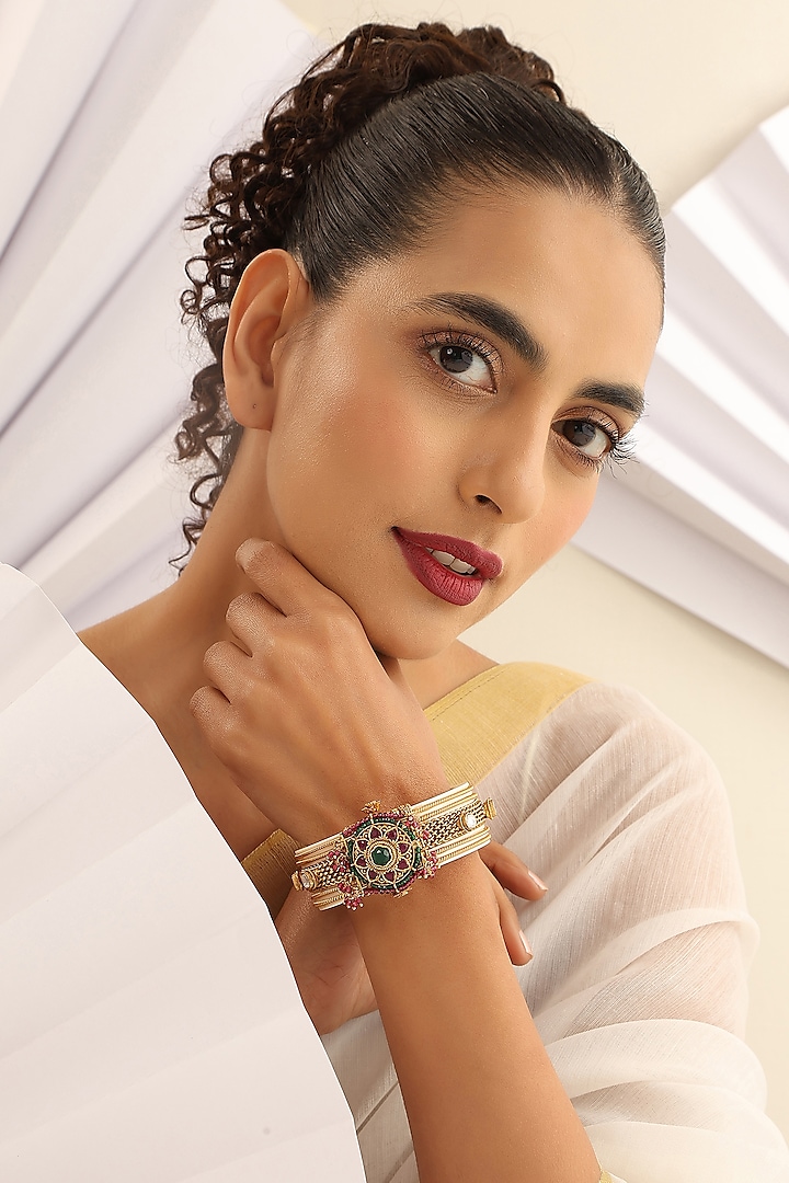 Gold Finish Handcrafted Red & Green Stone Kada by MUDRA LUXE