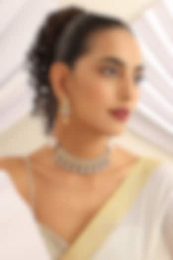 Gold Finish Handcrafted Red & Green Stone Temple Choker Necklace Set by MUDRA LUXE at Pernia's Pop Up Shop