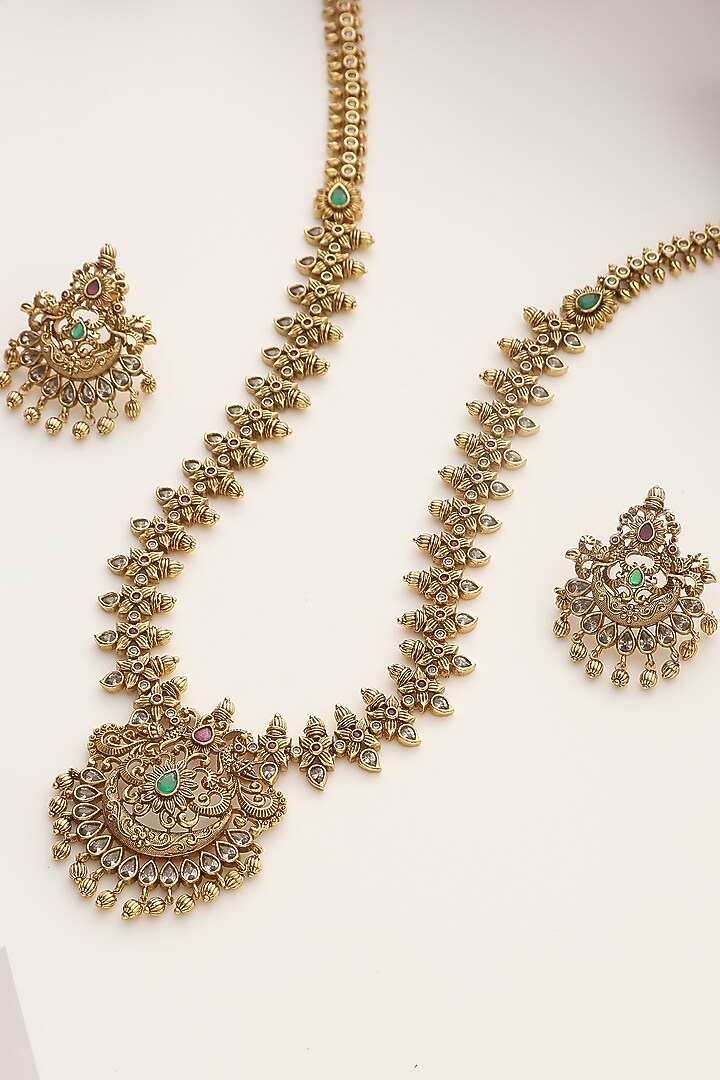 Gold Finish Handcrafted Temple Long Necklace Set by MUDRA LUXE at Pernia's Pop Up Shop