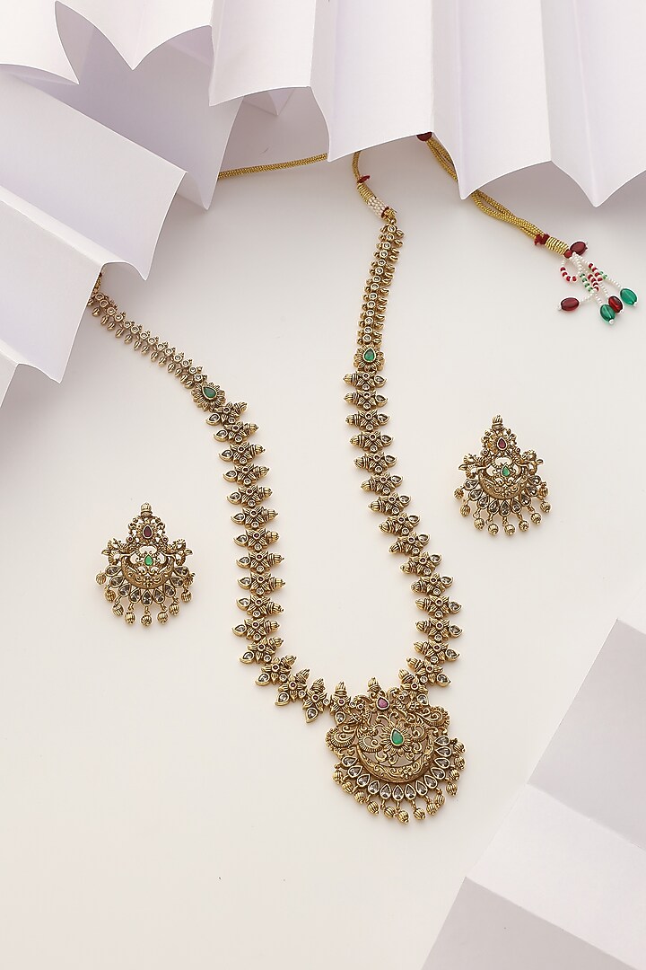 Gold Finish Handcrafted Temple Long Necklace Set by MUDRA LUXE at Pernia's Pop Up Shop