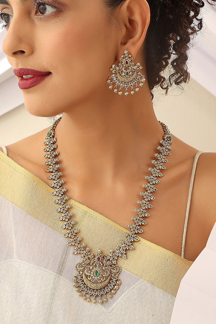 Gold Finish Handcrafted Temple Long Necklace Set by MUDRA LUXE at Pernia's Pop Up Shop