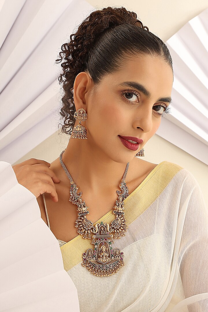 Gold Finish Handcrafted Temple Long Necklace Set by MUDRA LUXE