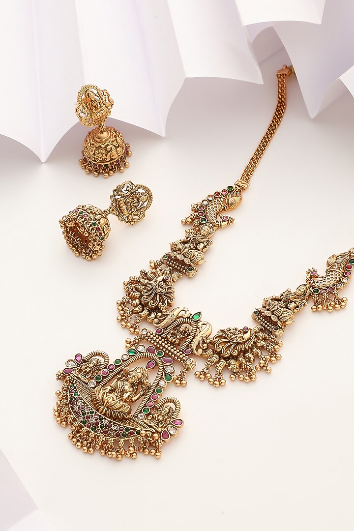 Gold Finish Handcrafted Temple Long Necklace Set by MUDRA LUXE at Pernia's Pop Up Shop