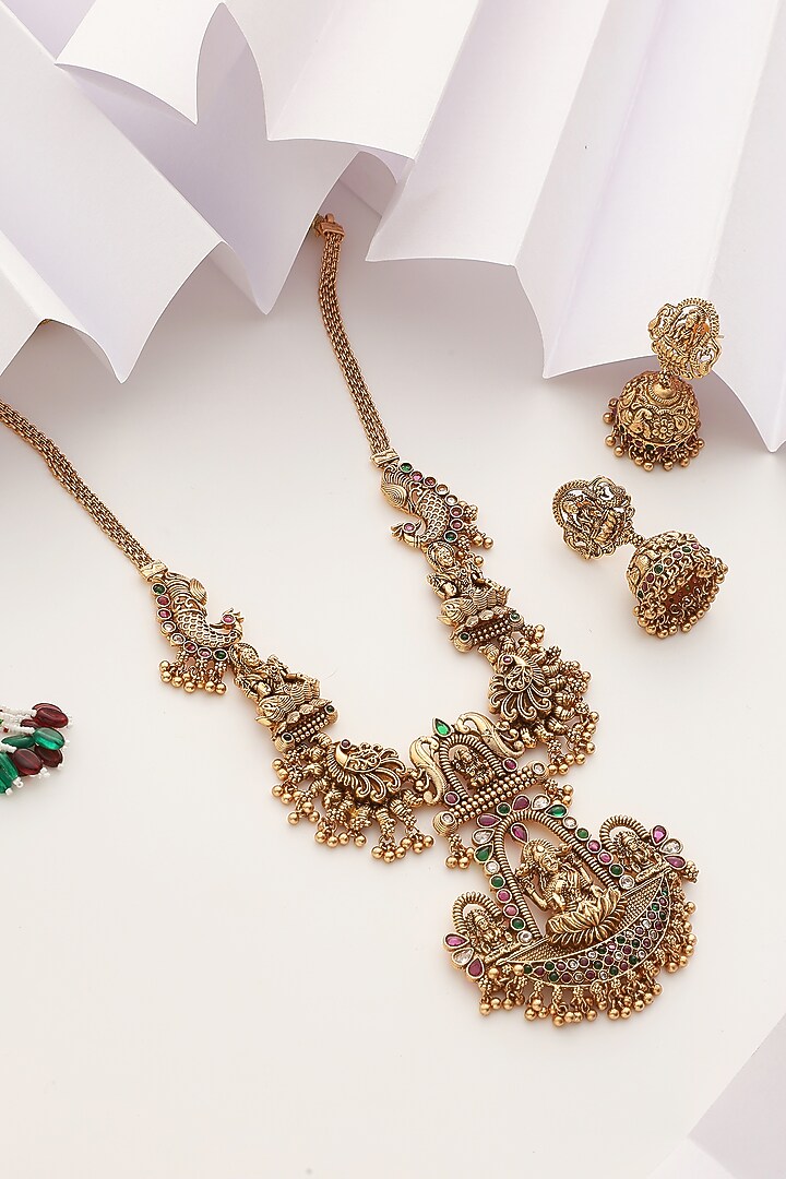 Gold Finish Handcrafted Temple Long Necklace Set by MUDRA LUXE at Pernia's Pop Up Shop