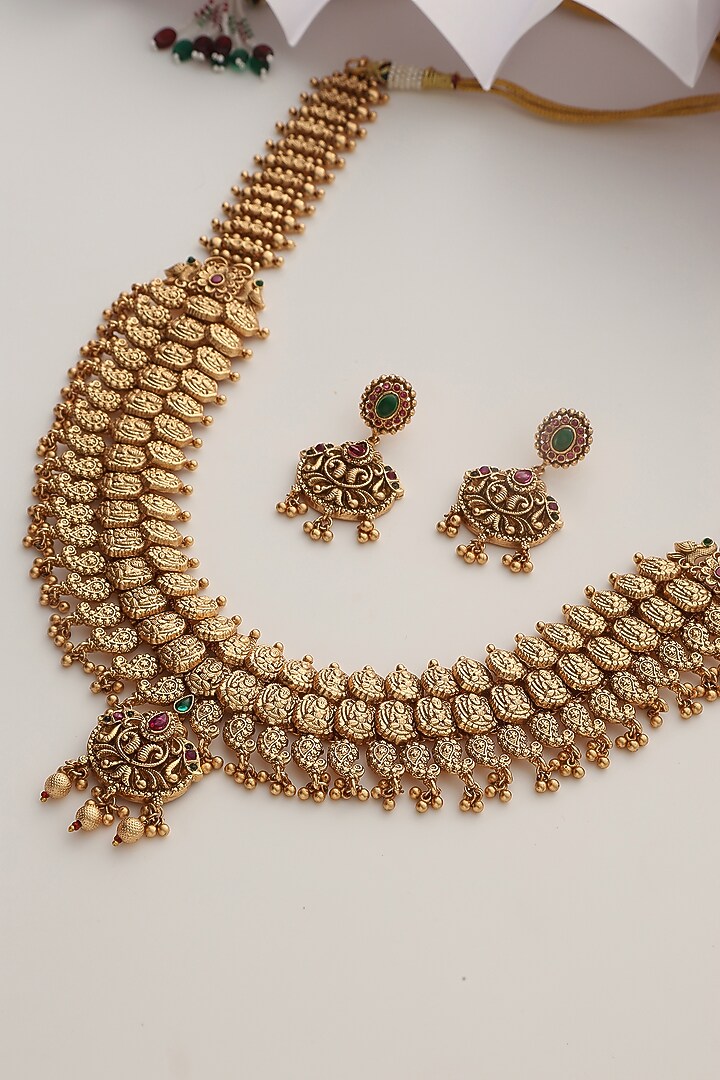 Gold Finish Handcrafted Temple Long Necklace Set by MUDRA LUXE at Pernia's Pop Up Shop