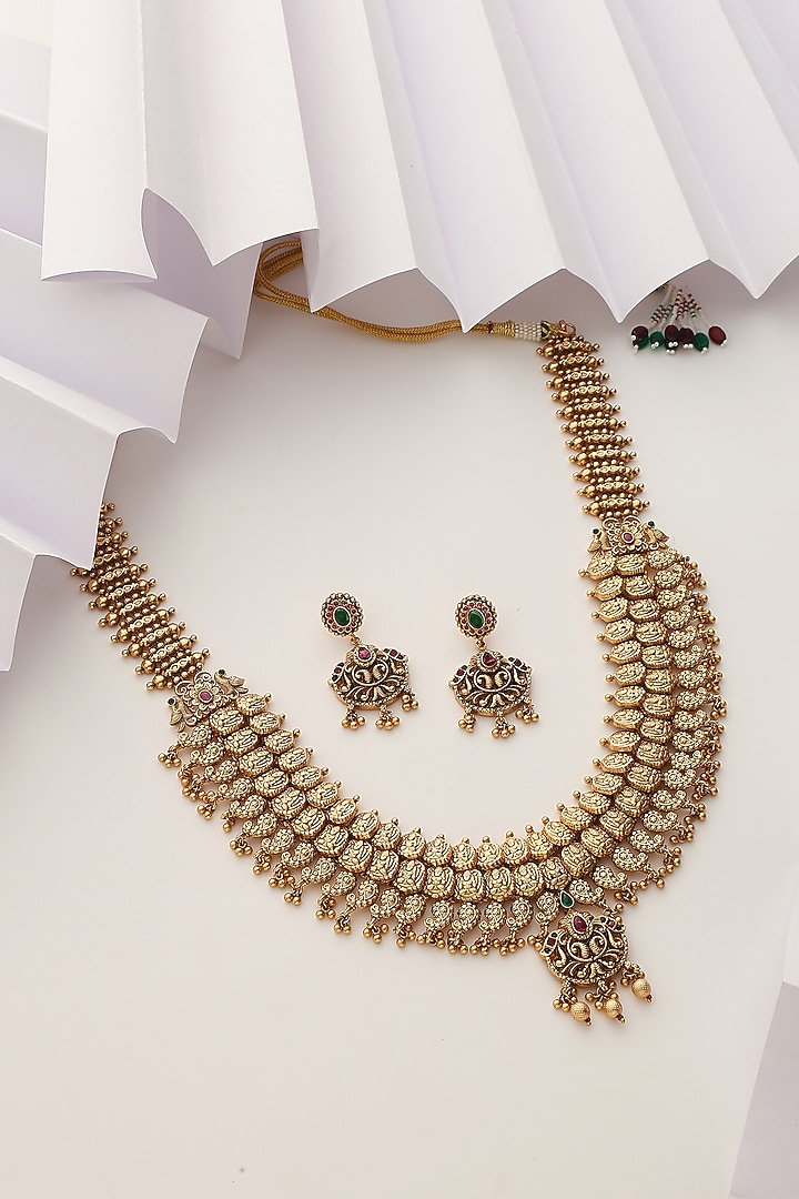 Gold Finish Handcrafted Temple Long Necklace Set by MUDRA LUXE at Pernia's Pop Up Shop