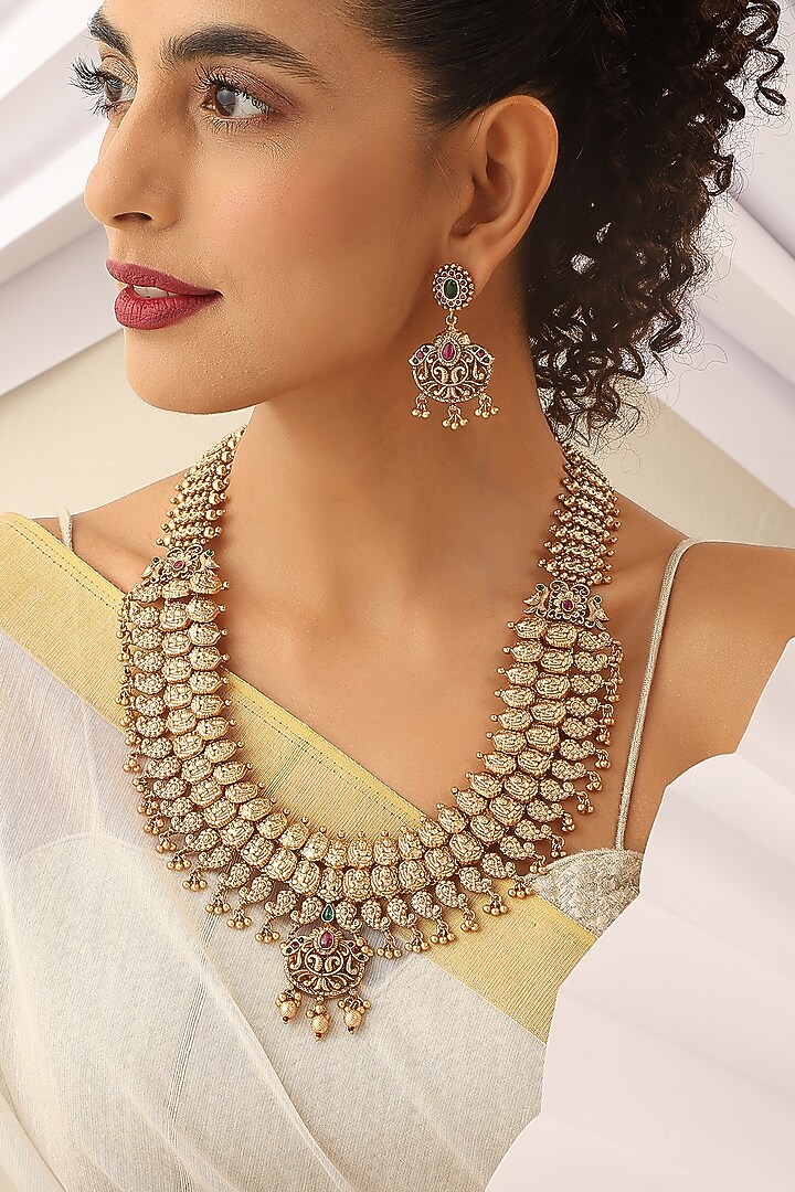 Gold Finish Handcrafted Temple Long Necklace Set by MUDRA LUXE at Pernia's Pop Up Shop