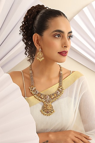 Gold Finish Handcrafted Red & Green Stone Temple Long Necklace Set by MUDRA LUXE