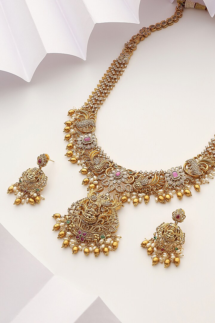 Gold Finish Handcrafted Red & Green Stone Temple Long Necklace Set by MUDRA LUXE at Pernia's Pop Up Shop