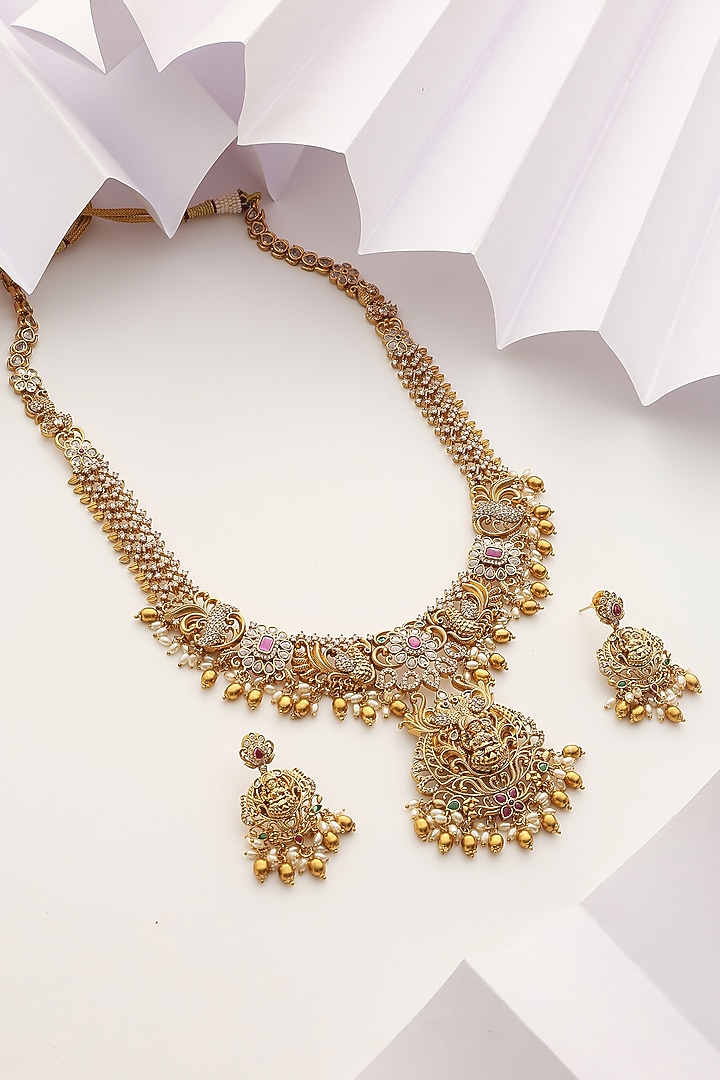 Gold Finish Handcrafted Red & Green Stone Temple Long Necklace Set by MUDRA LUXE at Pernia's Pop Up Shop