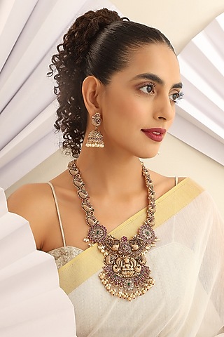Gold Finish Handcrafted Red & Green Stone Temple Long Necklace Set by MUDRA LUXE