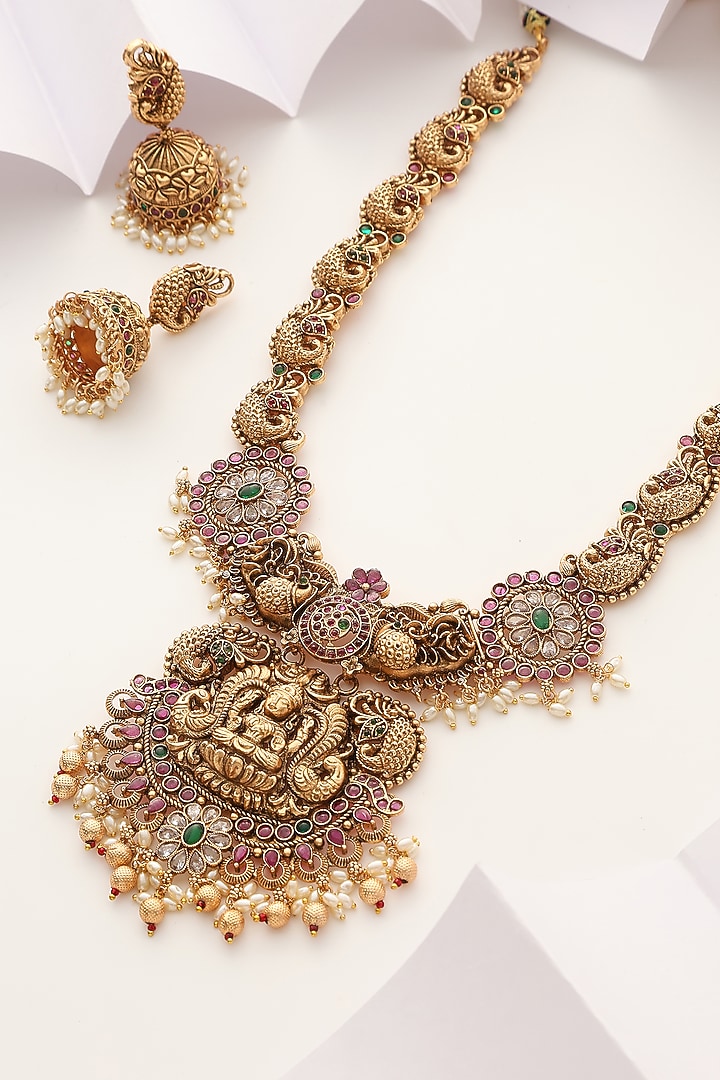 Gold Finish Handcrafted Red & Green Stone Temple Long Necklace Set by MUDRA LUXE at Pernia's Pop Up Shop
