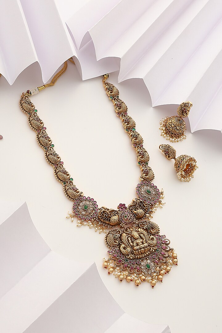 Gold Finish Handcrafted Red & Green Stone Temple Long Necklace Set by MUDRA LUXE at Pernia's Pop Up Shop