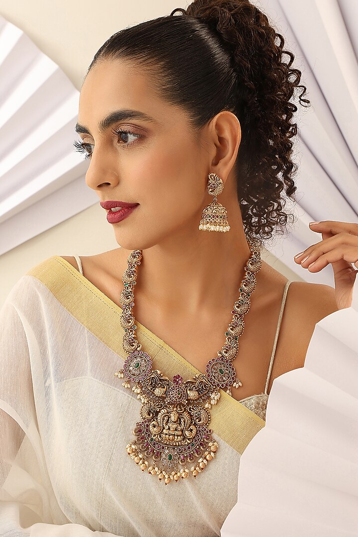 Gold Finish Handcrafted Red & Green Stone Temple Long Necklace Set by MUDRA LUXE at Pernia's Pop Up Shop