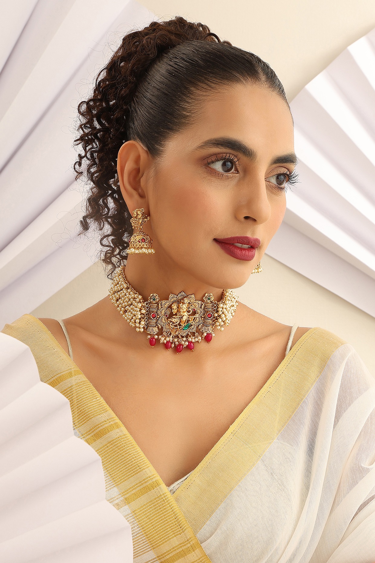 Gold Finish Handcrafted Red & Green Stone Temple Choker Necklace