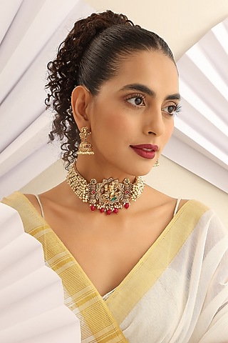 Gold Finish Handcrafted Red & Green Stone Temple Choker Necklace Set by MUDRA LUXE