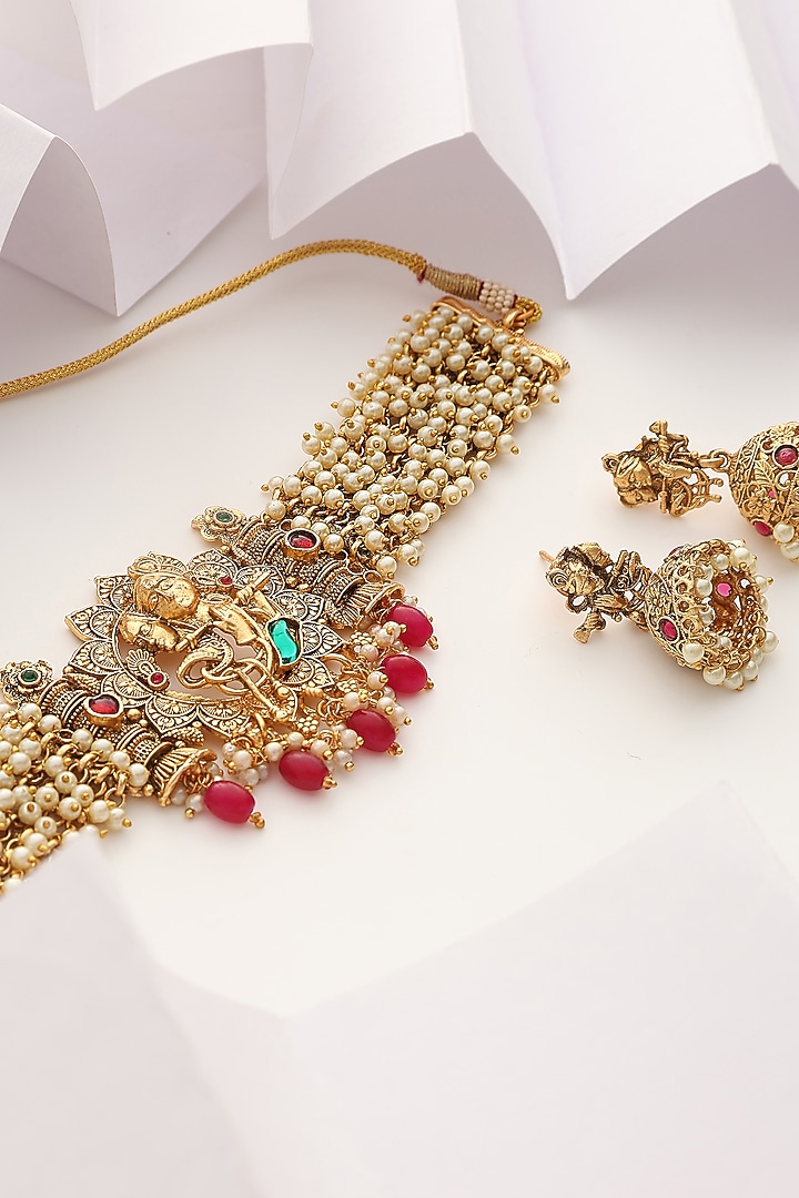 Gold Finish Handcrafted Red & Green Stone Temple Choker Necklace Set by MUDRA LUXE at Pernia's Pop Up Shop