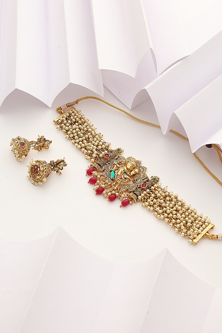 Gold Finish Handcrafted Red & Green Stone Temple Choker Necklace Set by MUDRA LUXE at Pernia's Pop Up Shop