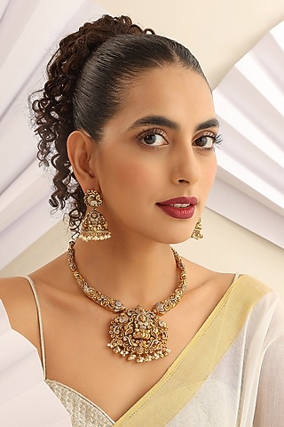 Gold Finish Handcrafted Temple Hasli Necklace Set by MUDRA LUXE