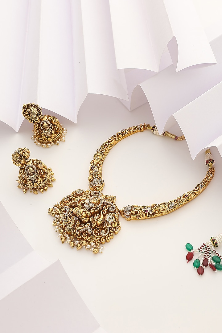 Gold Finish Handcrafted Temple Hasli Necklace Set by MUDRA LUXE at Pernia's Pop Up Shop
