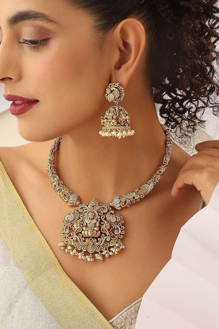 Gold Finish Handcrafted Temple Hasli Necklace Set by MUDRA LUXE at Pernia's Pop Up Shop