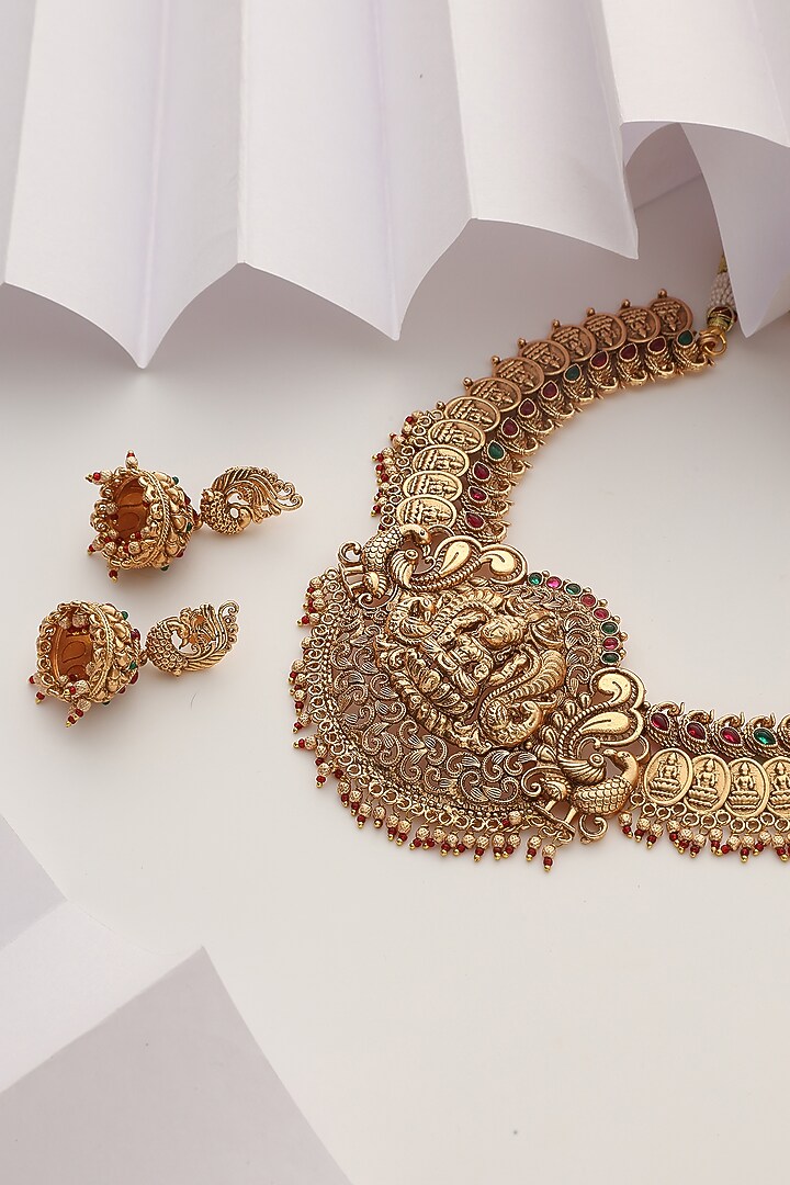Gold Finish Handcrafted Red & Green Stone Temple Necklace Set by MUDRA LUXE at Pernia's Pop Up Shop