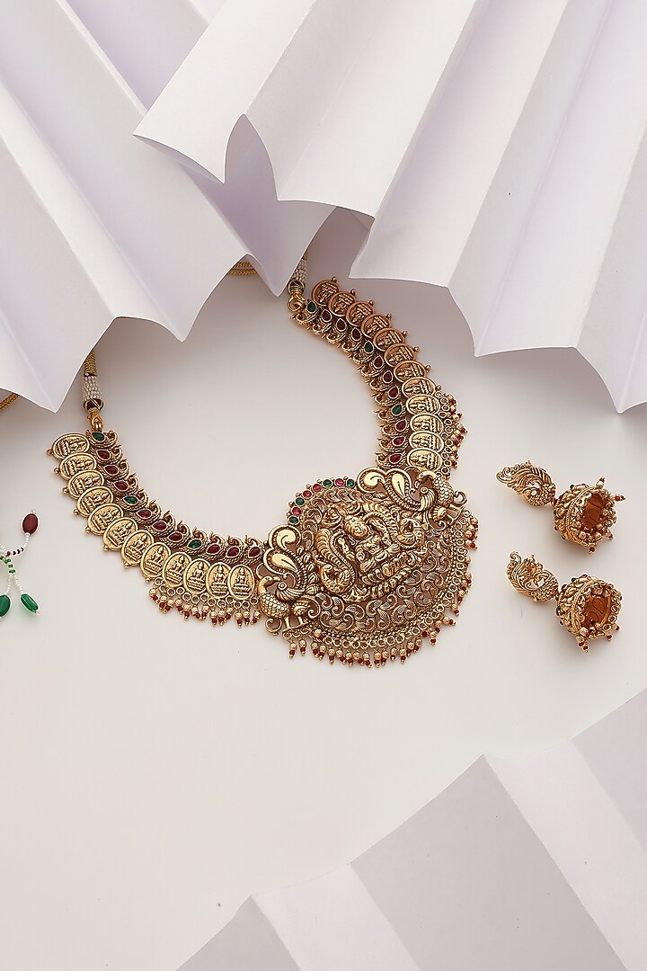 Gold Finish Handcrafted Red & Green Stone Temple Necklace Set by MUDRA LUXE at Pernia's Pop Up Shop