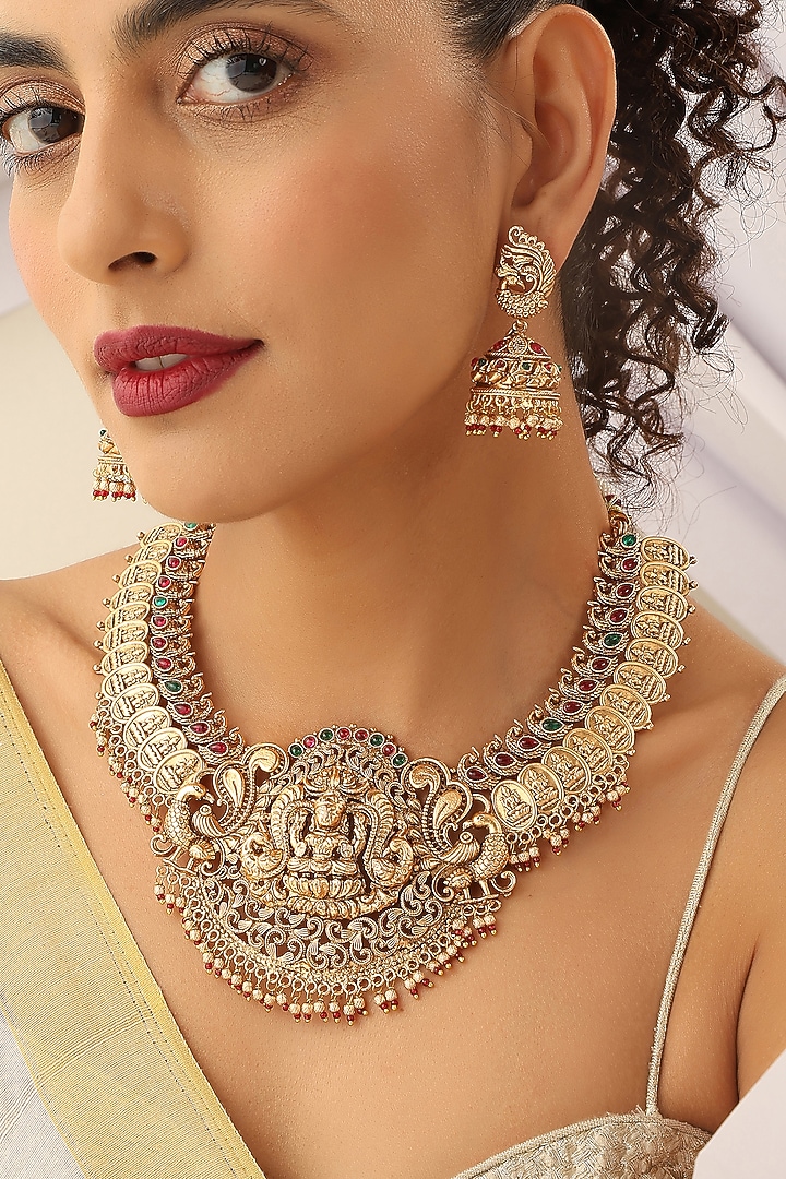 Gold Finish Handcrafted Red & Green Stone Temple Necklace Set by MUDRA LUXE at Pernia's Pop Up Shop