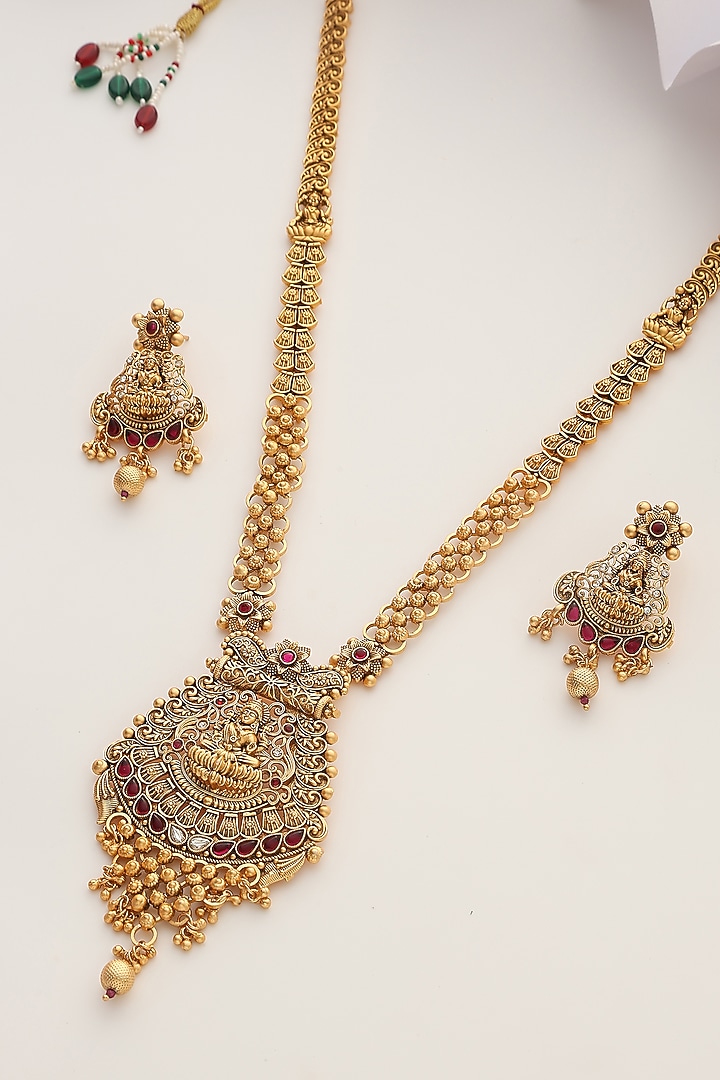 Gold Finish Red Stone Long Temple Necklace Set by MUDRA LUXE at Pernia's Pop Up Shop