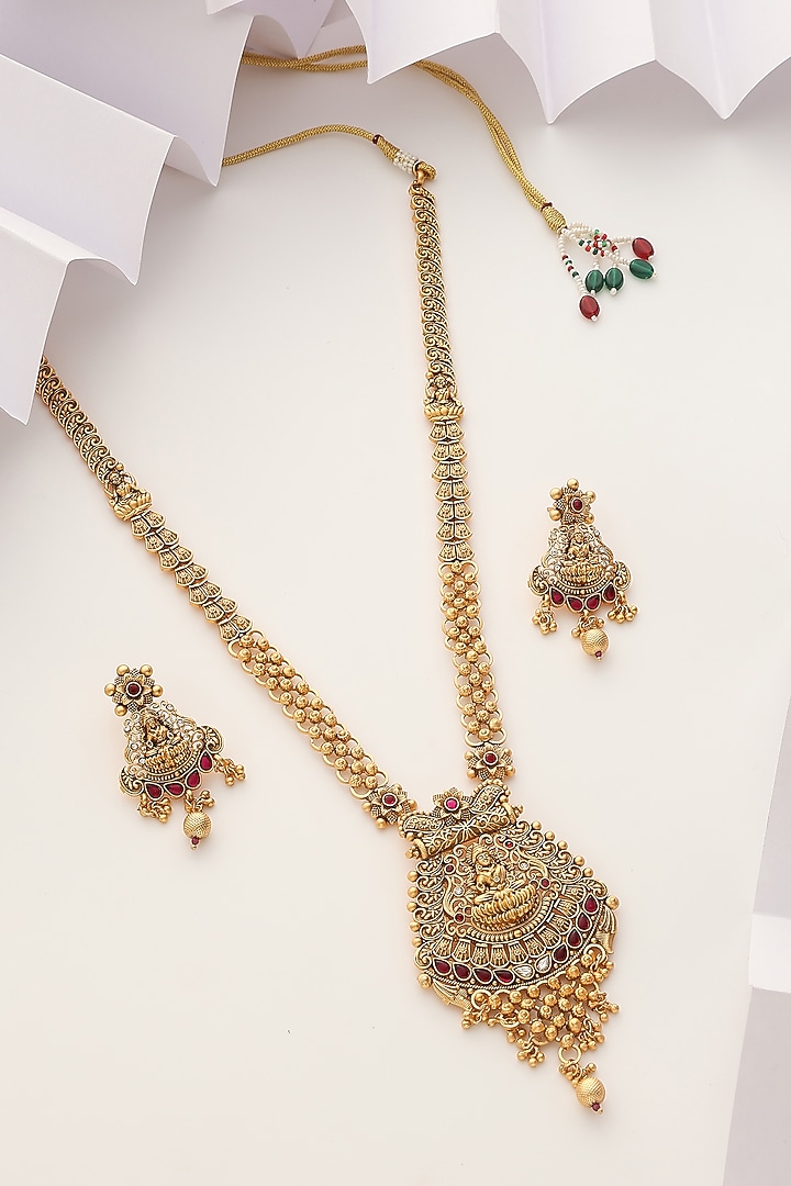 Gold Finish Red Stone Long Temple Necklace Set by MUDRA LUXE at Pernia's Pop Up Shop