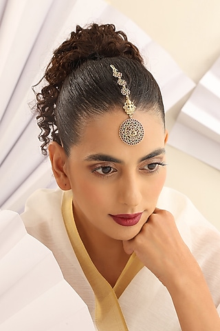 Gold Finish Multi-Colored Stone Temple Maangtikka by MUDRA LUXE