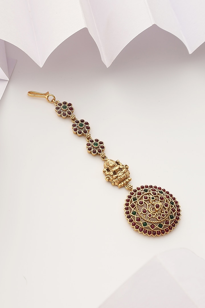 Gold Finish Multi-Colored Stone Temple Maangtikka by MUDRA LUXE at Pernia's Pop Up Shop