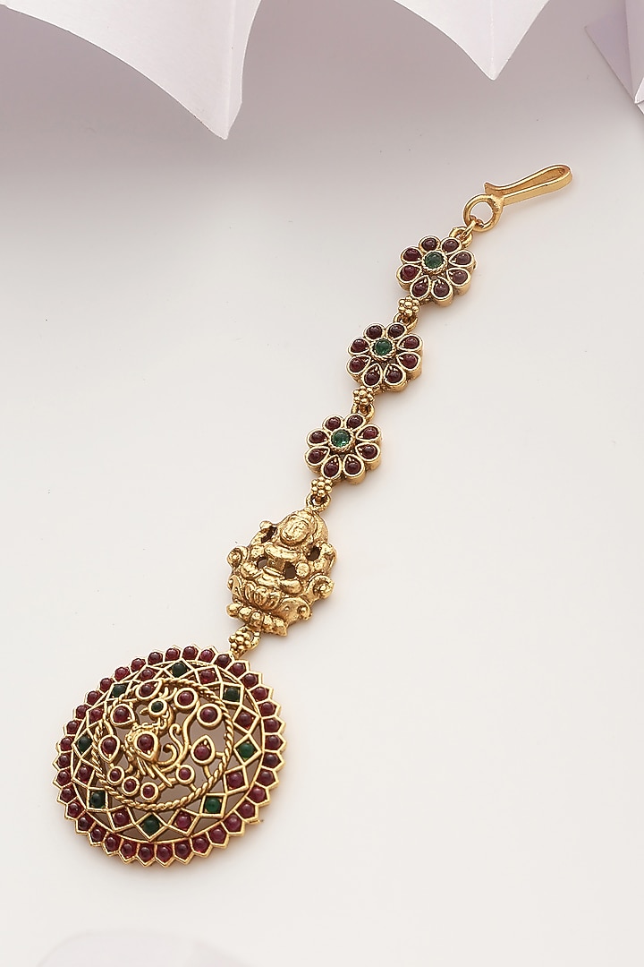 Gold Finish Multi-Colored Stone Temple Maangtikka by MUDRA LUXE at Pernia's Pop Up Shop