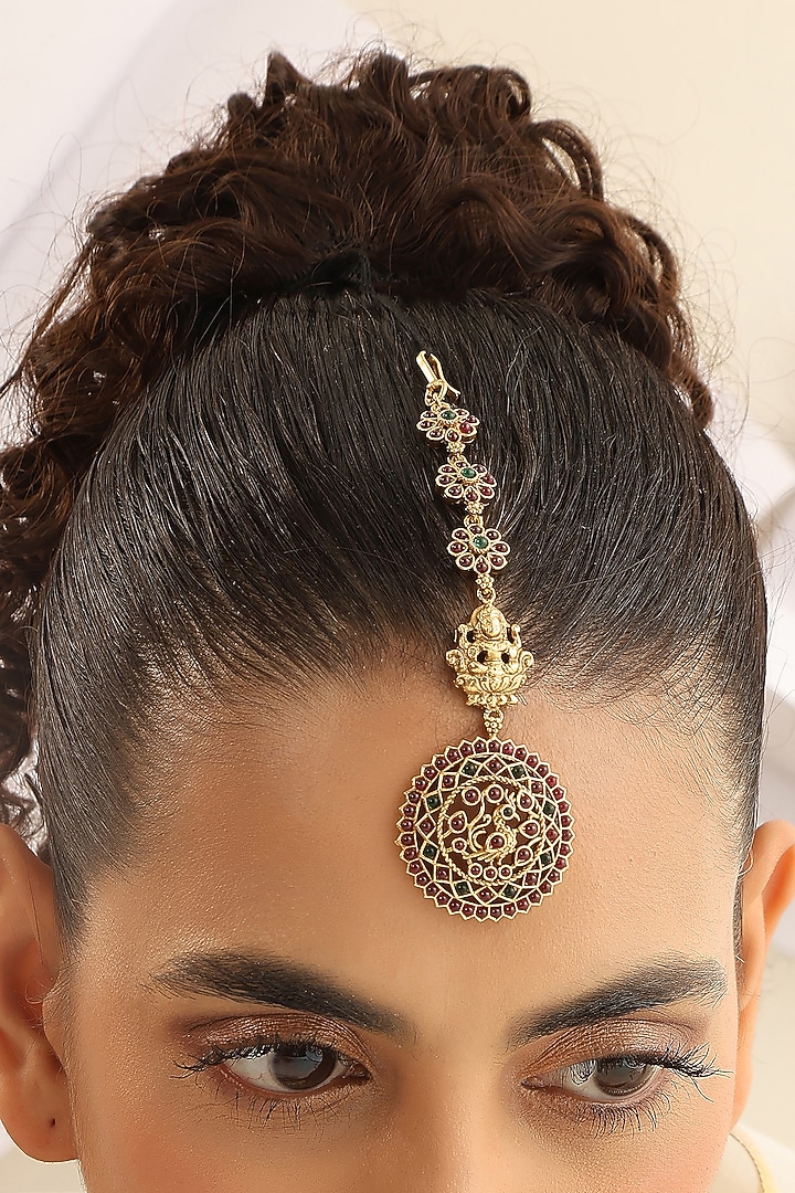 Gold Finish Multi-Colored Stone Temple Maangtikka by MUDRA LUXE at Pernia's Pop Up Shop