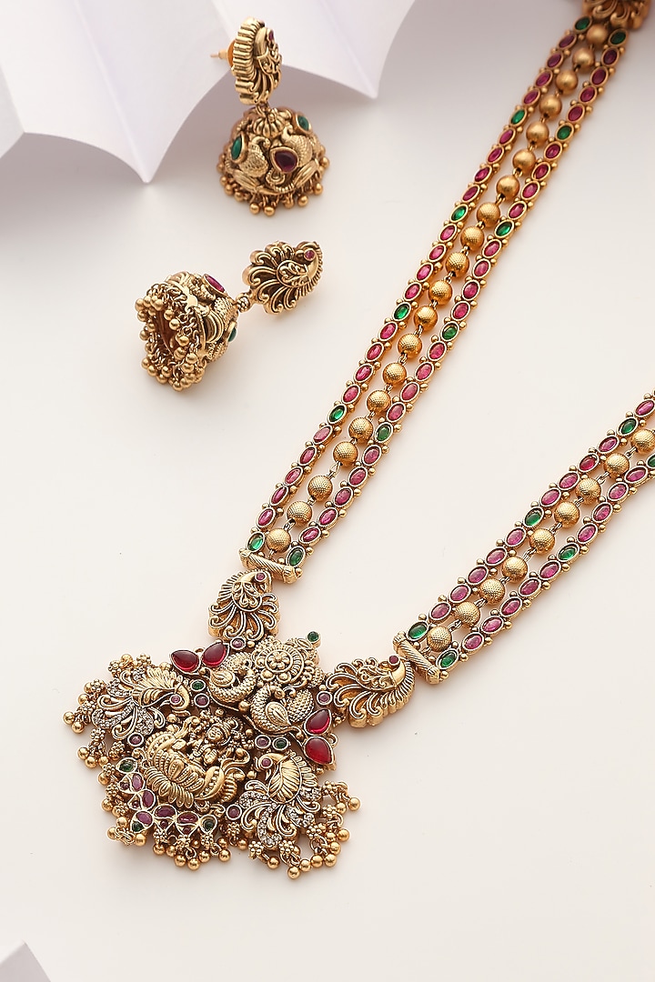 Gold Finish Red Stone Long Temple Necklace Set by MUDRA LUXE at Pernia's Pop Up Shop