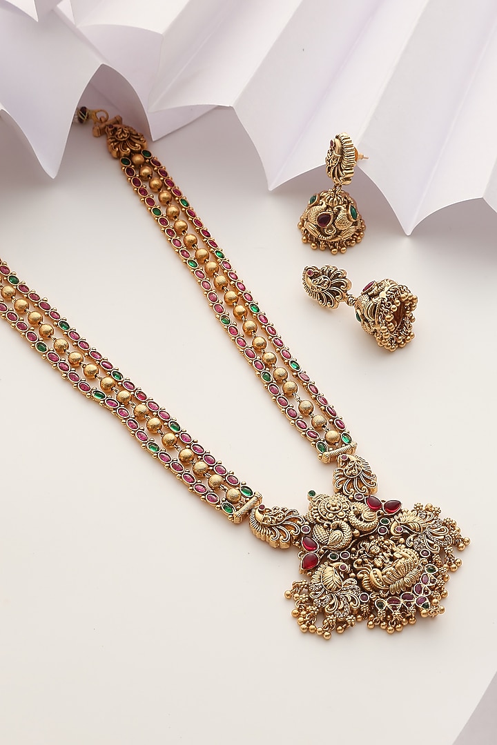 Gold Finish Red Stone Long Temple Necklace Set by MUDRA LUXE at Pernia's Pop Up Shop