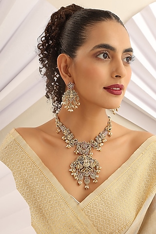 Gold Finish Multi-Colored Stone Long Temple Necklace Set by MUDRA LUXE