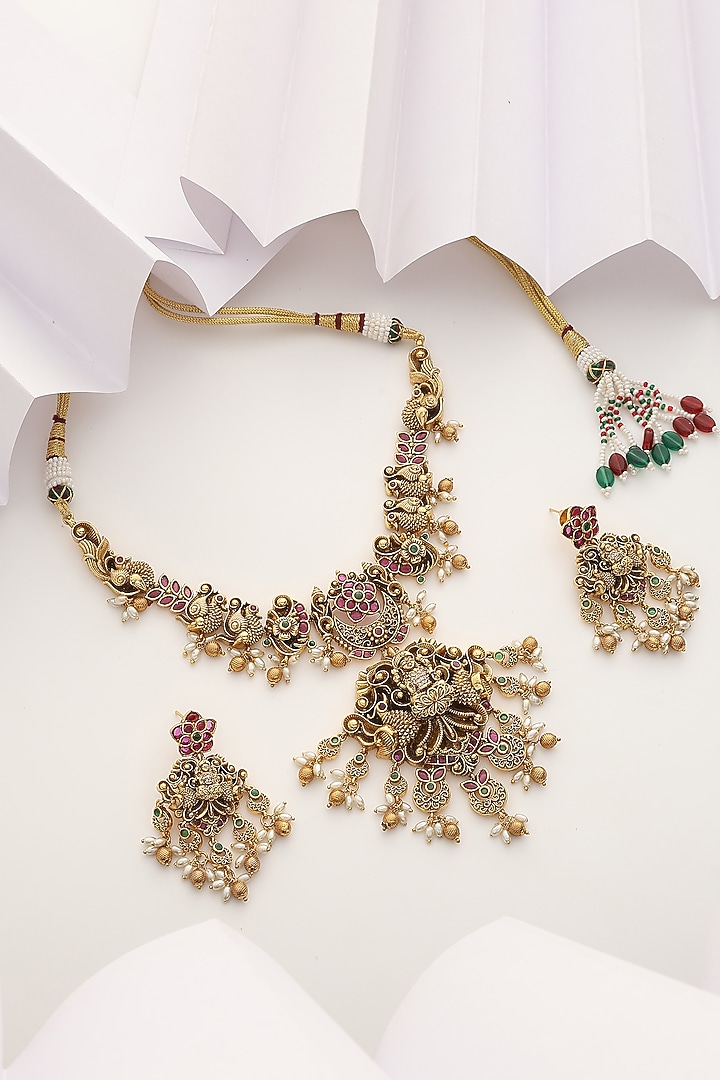 Gold Finish Multi-Colored Stone Long Temple Necklace Set by MUDRA LUXE at Pernia's Pop Up Shop