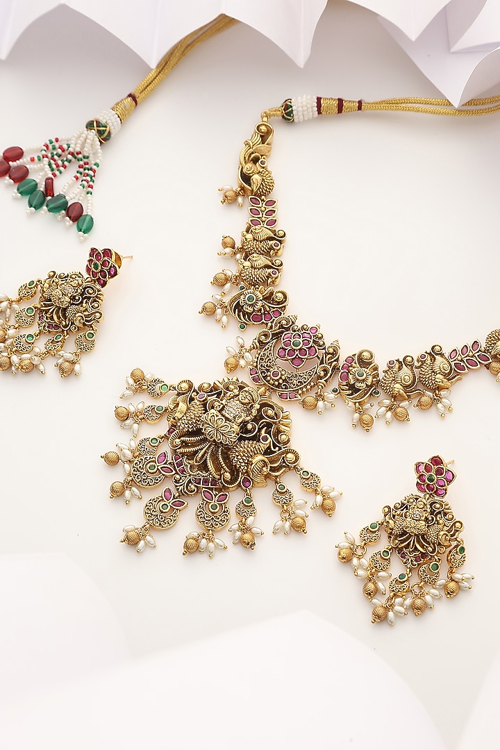 Gold Finish Multi-Colored Stone Long Temple Necklace Set by MUDRA LUXE at Pernia's Pop Up Shop