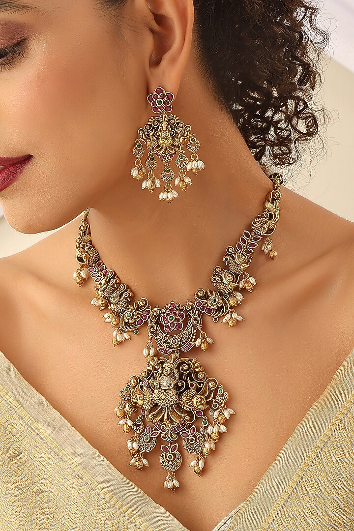 Gold Finish Multi-Colored Stone Long Temple Necklace Set by MUDRA LUXE at Pernia's Pop Up Shop