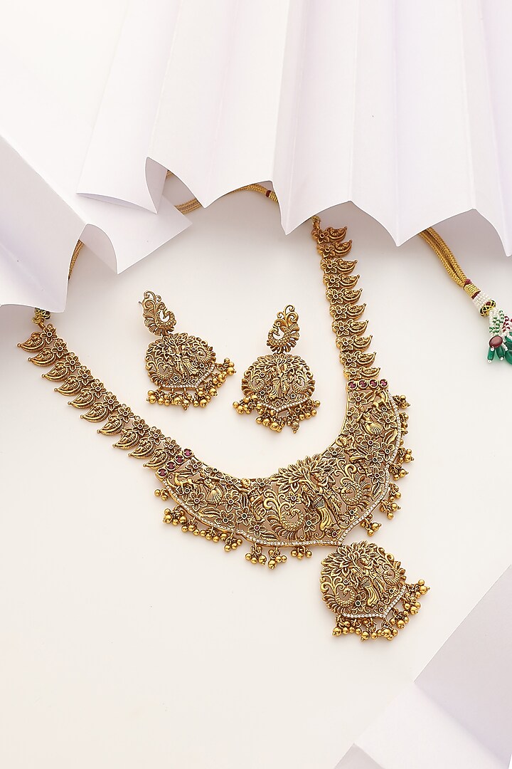 Gold Finish Stone Long Temple Necklace Set by MUDRA LUXE at Pernia's Pop Up Shop