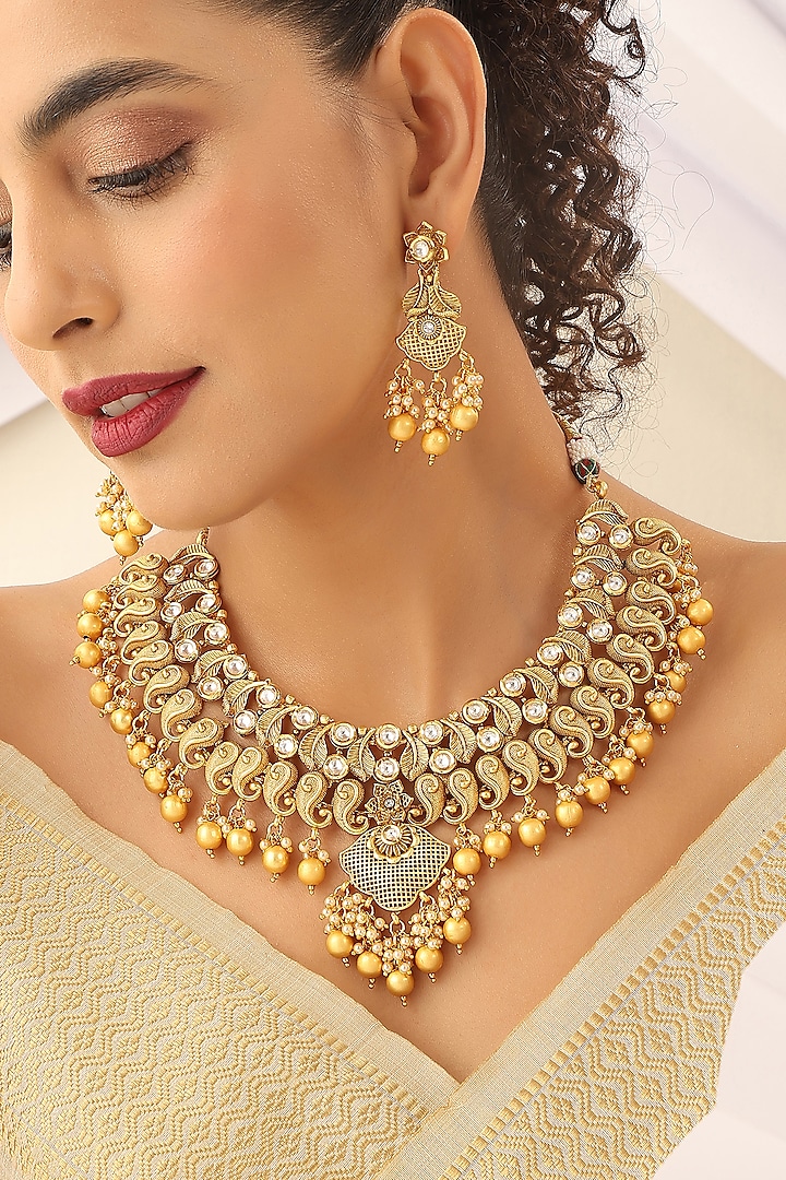 Gold Finish Stone Temple Necklace Set by MUDRA LUXE at Pernia's Pop Up Shop