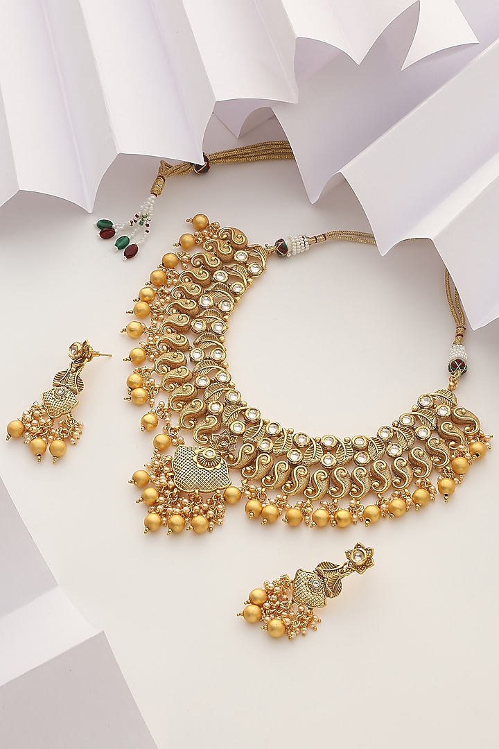 Gold Finish Stone Temple Necklace Set by MUDRA LUXE at Pernia's Pop Up Shop