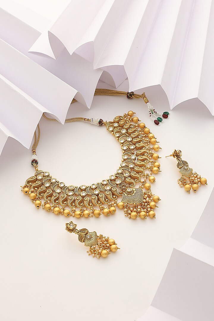 Gold Finish Stone Temple Necklace Set by MUDRA LUXE at Pernia's Pop Up Shop
