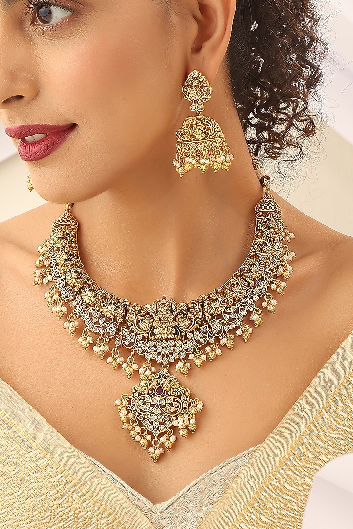 Gold Finish Stone Long Temple Necklace Set by MUDRA LUXE at Pernia's Pop Up Shop