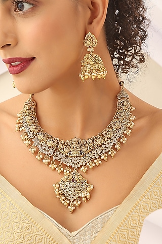 Gold Finish Stone Long Temple Necklace Set by MUDRA LUXE