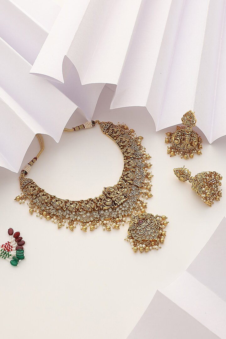 Gold Finish Stone Long Temple Necklace Set by MUDRA LUXE at Pernia's Pop Up Shop