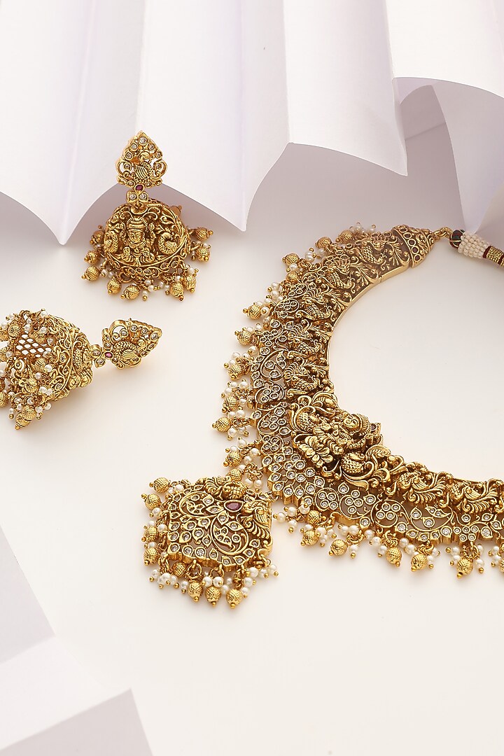 Gold Finish Stone Long Temple Necklace Set by MUDRA LUXE at Pernia's Pop Up Shop