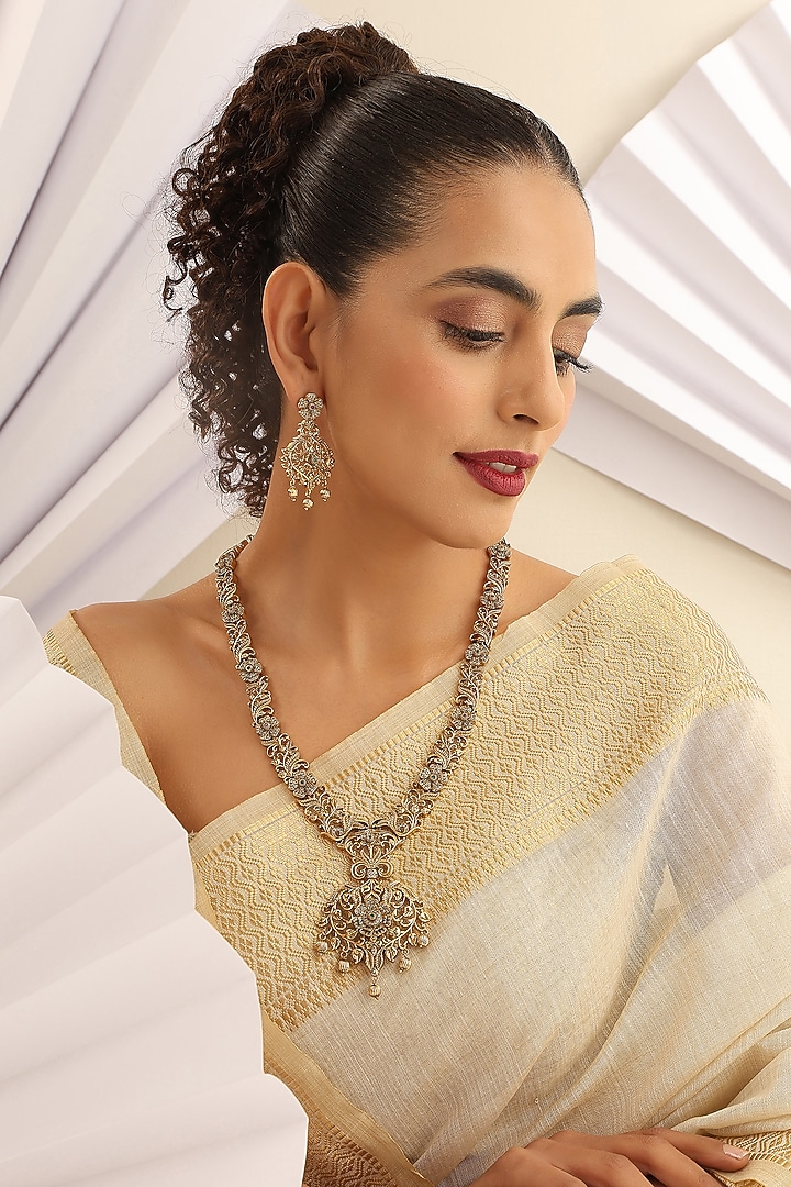 Gold Finish Multi-Colored Stone Long Temple Necklace Set by MUDRA LUXE at Pernia's Pop Up Shop