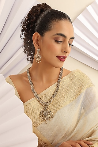 Gold Finish Multi-Colored Stone Long Temple Necklace Set by MUDRA LUXE